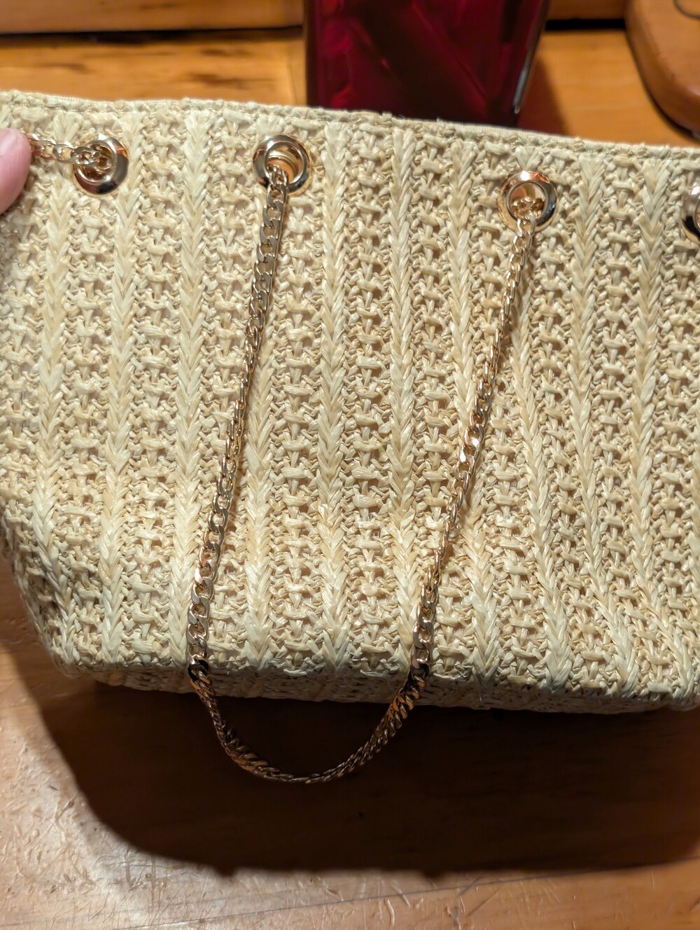 Lulus Woven Straw Tote Bag with Gold Chain Handles - Cream/Tan Color